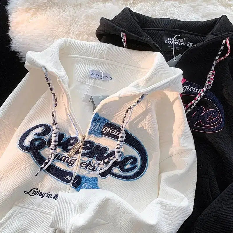 Embroidered Zip-Up Hoodie – Unisex Oversized Cotton Fleece Pullover