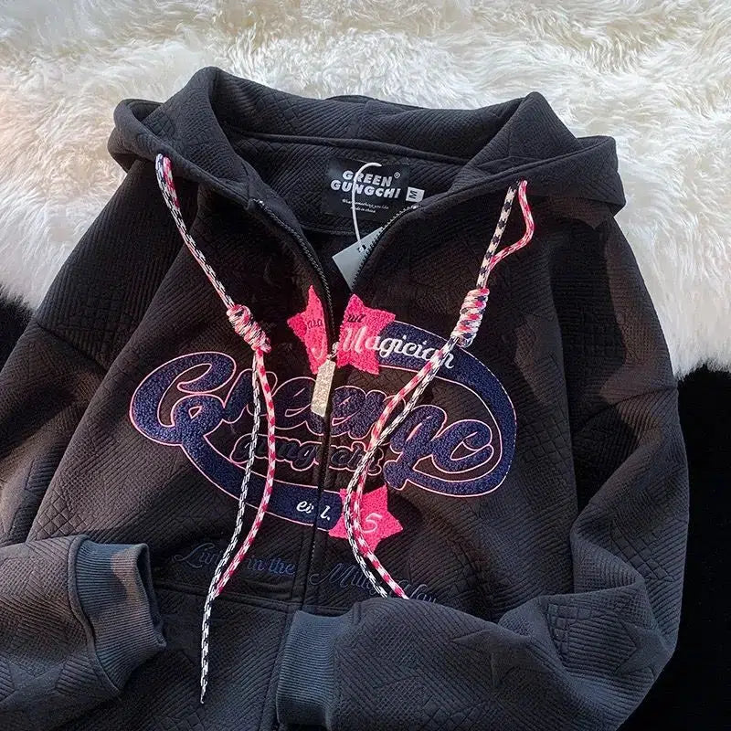 Embroidered Zip-Up Hoodie – Unisex Oversized Cotton Fleece Pullover