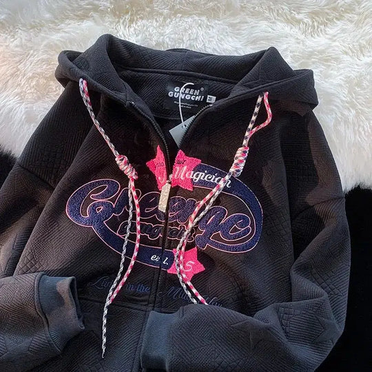 Embroidered Zip-Up Hoodie – Unisex Oversized Cotton Fleece Pullover