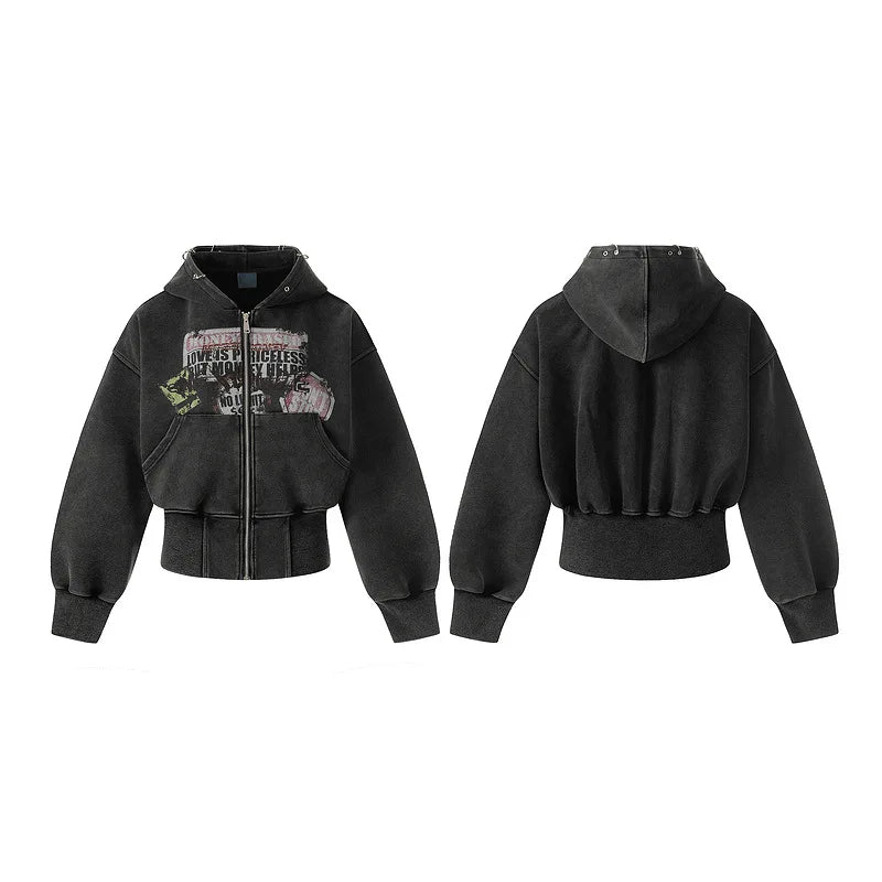 Washed Graphic Zip-Up Hoodie – Women's Cropped Distressed