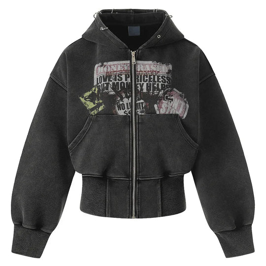 Washed Graphic Zip-Up Hoodie – Women's Cropped Distressed
