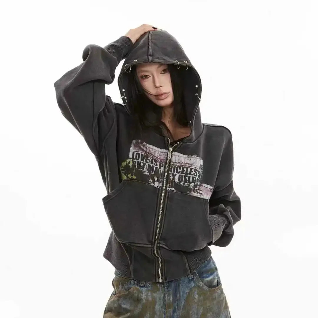 Washed Graphic Zip-Up Hoodie – Women's Cropped Distressed