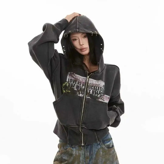 Washed Graphic Zip-Up Hoodie – Women's Cropped Distressed
