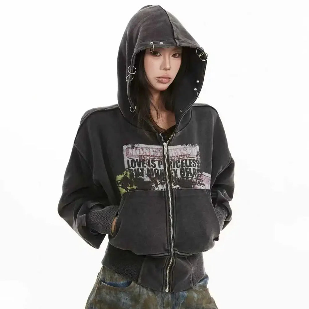 Washed Graphic Zip-Up Hoodie – Women's Cropped Distressed