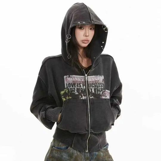 Washed Graphic Zip-Up Hoodie – Women's Cropped Distressed
