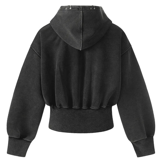 Washed Graphic Zip-Up Hoodie – Women's Cropped Distressed