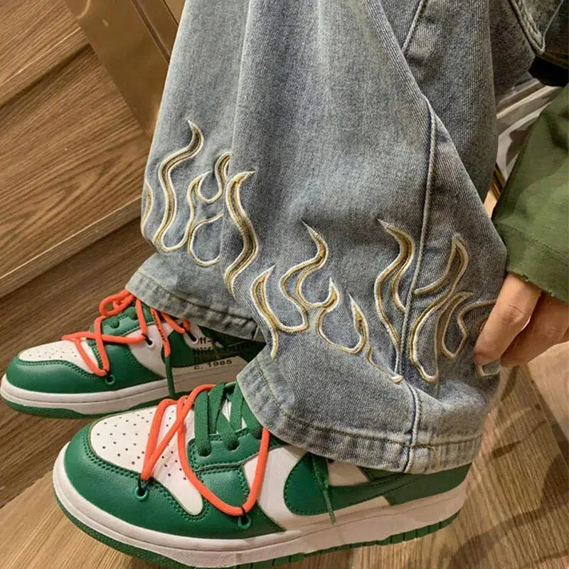 Flame Embroidered Baggy Jeans – Unisex Washed Denim Relaxed Fit