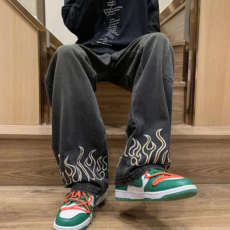 Flame Embroidered Baggy Jeans – Unisex Washed Denim Relaxed Fit