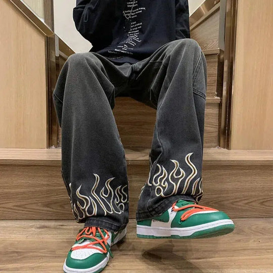 Flame Embroidered Baggy Jeans – Unisex Washed Denim Relaxed Fit