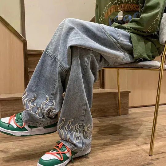 Flame Embroidered Baggy Jeans – Unisex Washed Denim Relaxed Fit