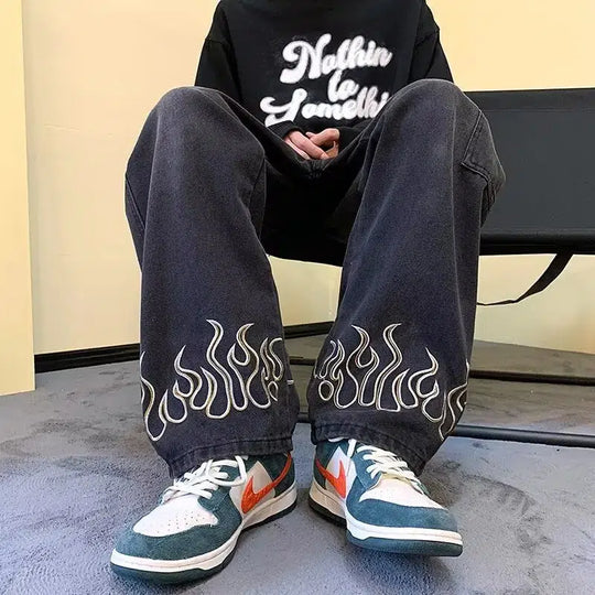 Flame Embroidered Baggy Jeans – Unisex Washed Denim Relaxed Fit