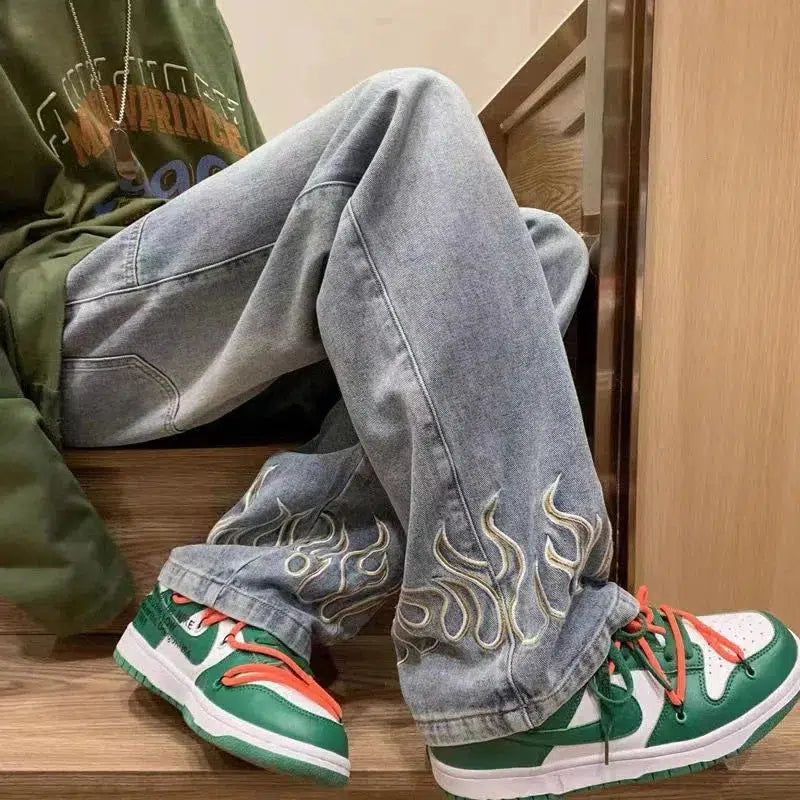 Flame Embroidered Baggy Jeans – Unisex Washed Denim Relaxed Fit