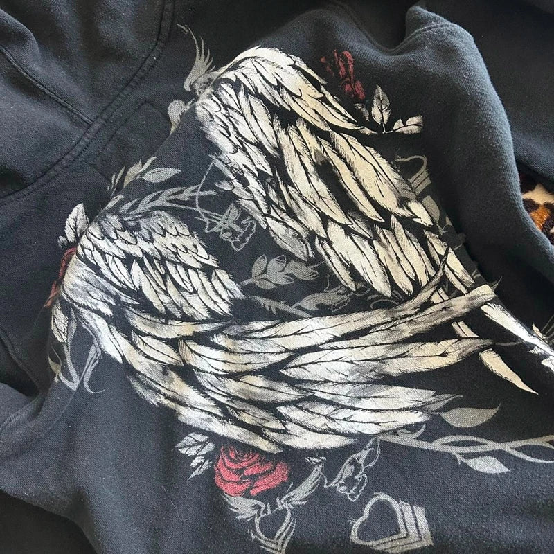Winged Graphic Zip-Up Hoodie – Women's Grunge Print