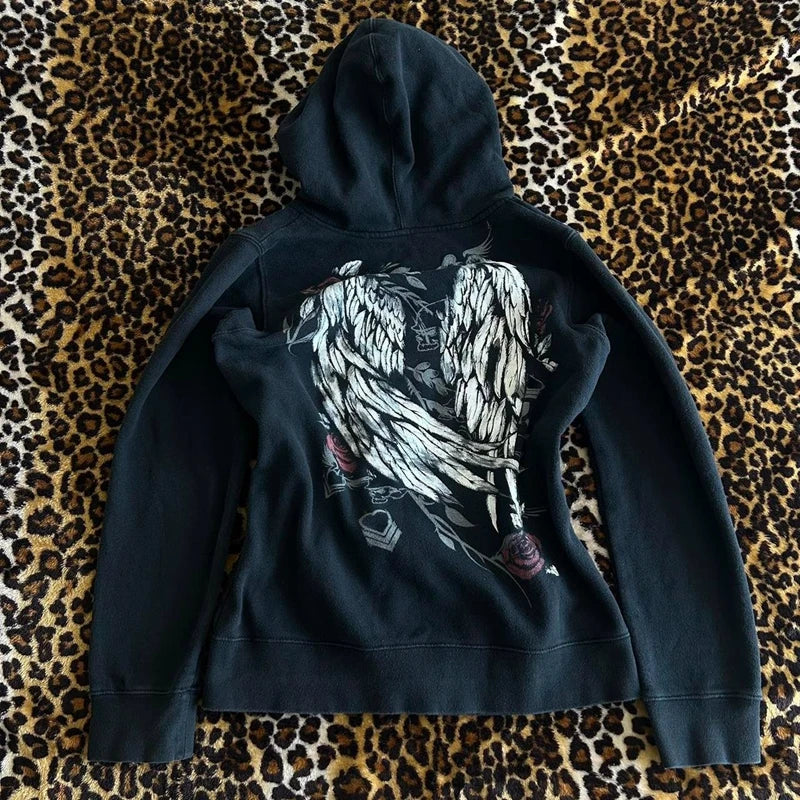 Winged Graphic Zip-Up Hoodie – Women's Grunge Print