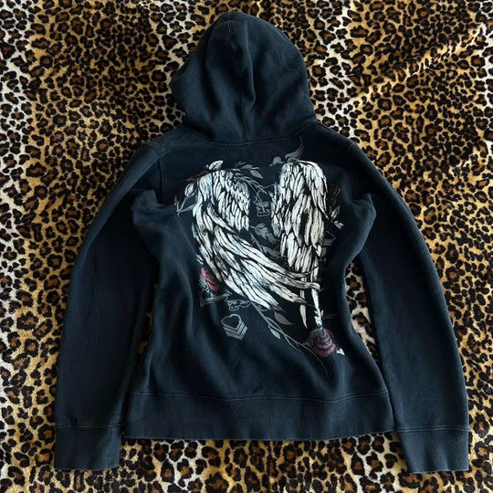 Winged Graphic Zip-Up Hoodie – Women's Grunge Print
