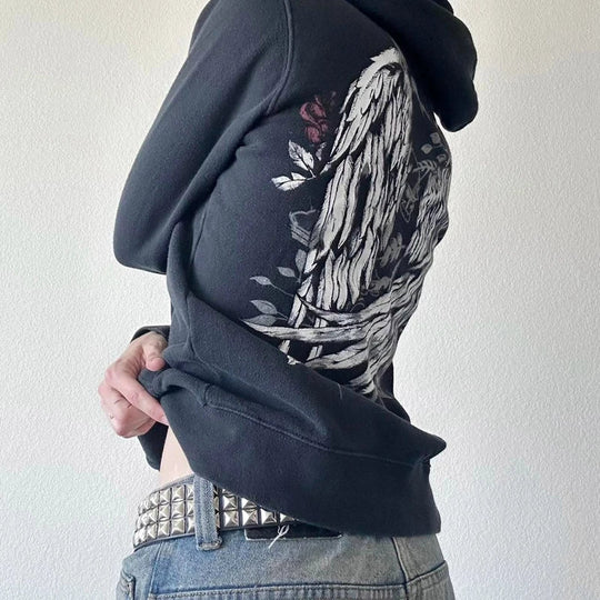Winged Graphic Zip-Up Hoodie – Women's Grunge Print