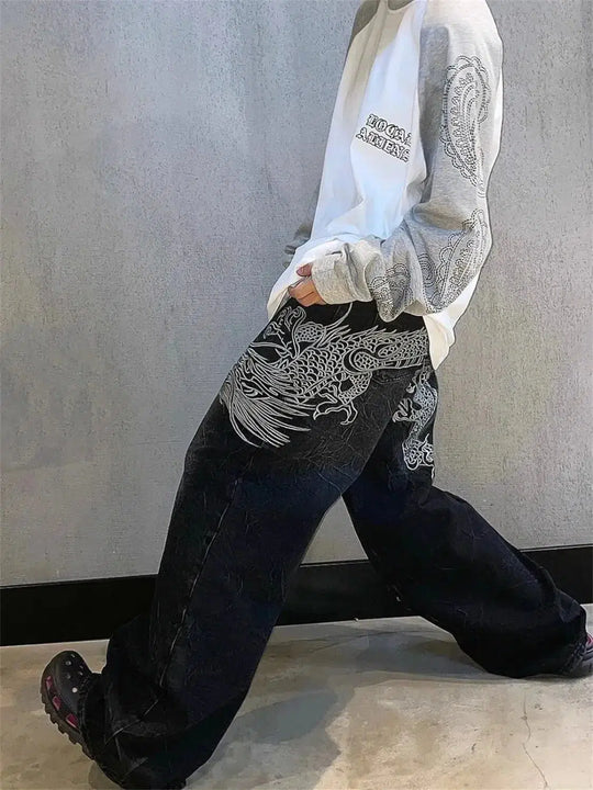 Japanese Dragon Embroidered Jeans – Unisex Wide-Leg Baggy Denim