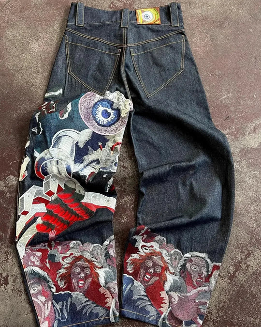 Japanese Embroidered Jeans – Unisex Sukajan-Style Relaxed Denim