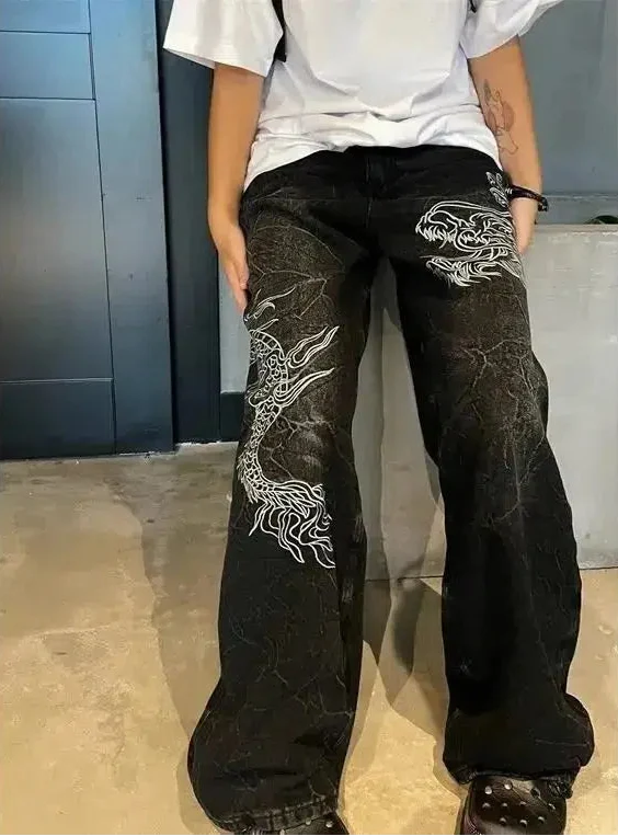 Japanese Dragon Embroidered Jeans – Unisex Wide-Leg Baggy Denim