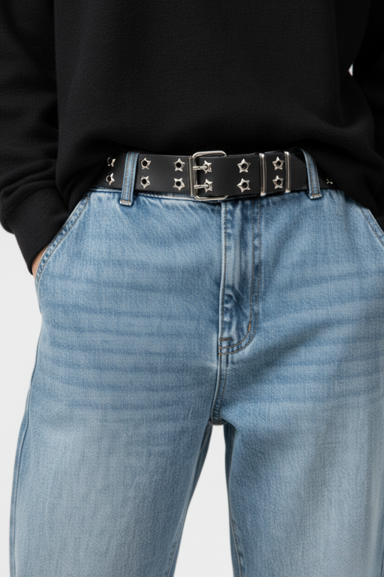 LifeOfStreetwear | Black Y2K Rhinestone Belt with Star Rivets