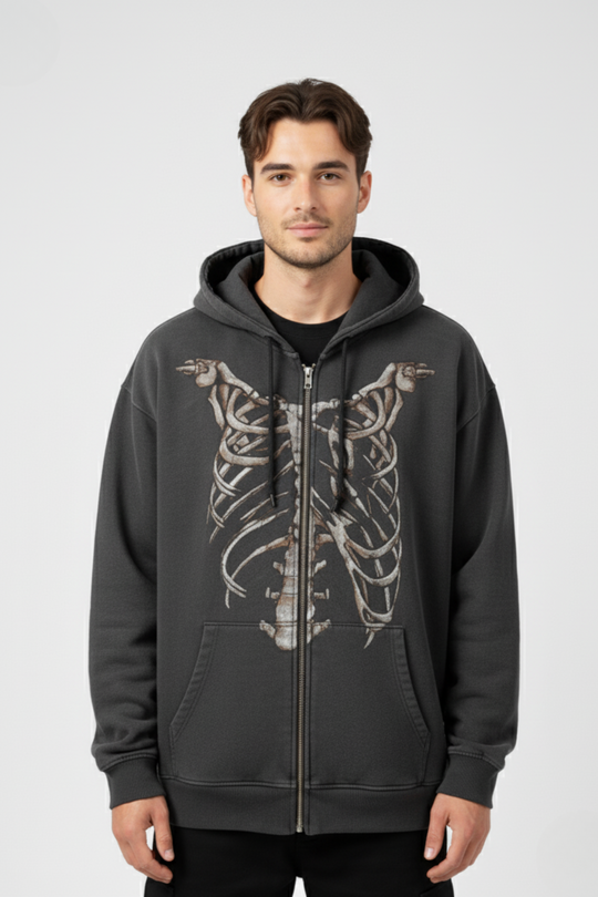 LifeOfStreetwear | Men’s Gray Y2K Skeleton Zip Up Hoodie