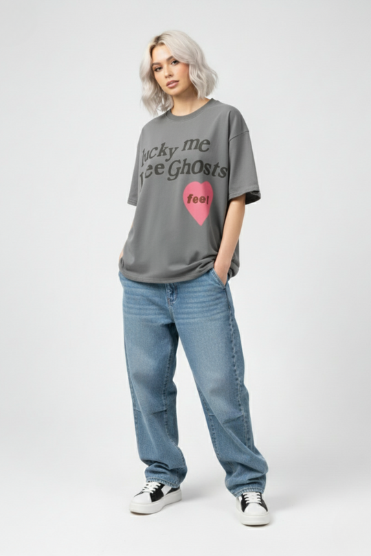 LifeOfStreetwear | Unisex Gray Heart Graphic Oversized T-Shirt