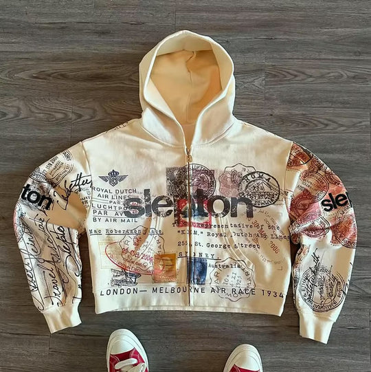 Passport Stamps Graphic Hoodie – Unisex Cropped Zip-Up