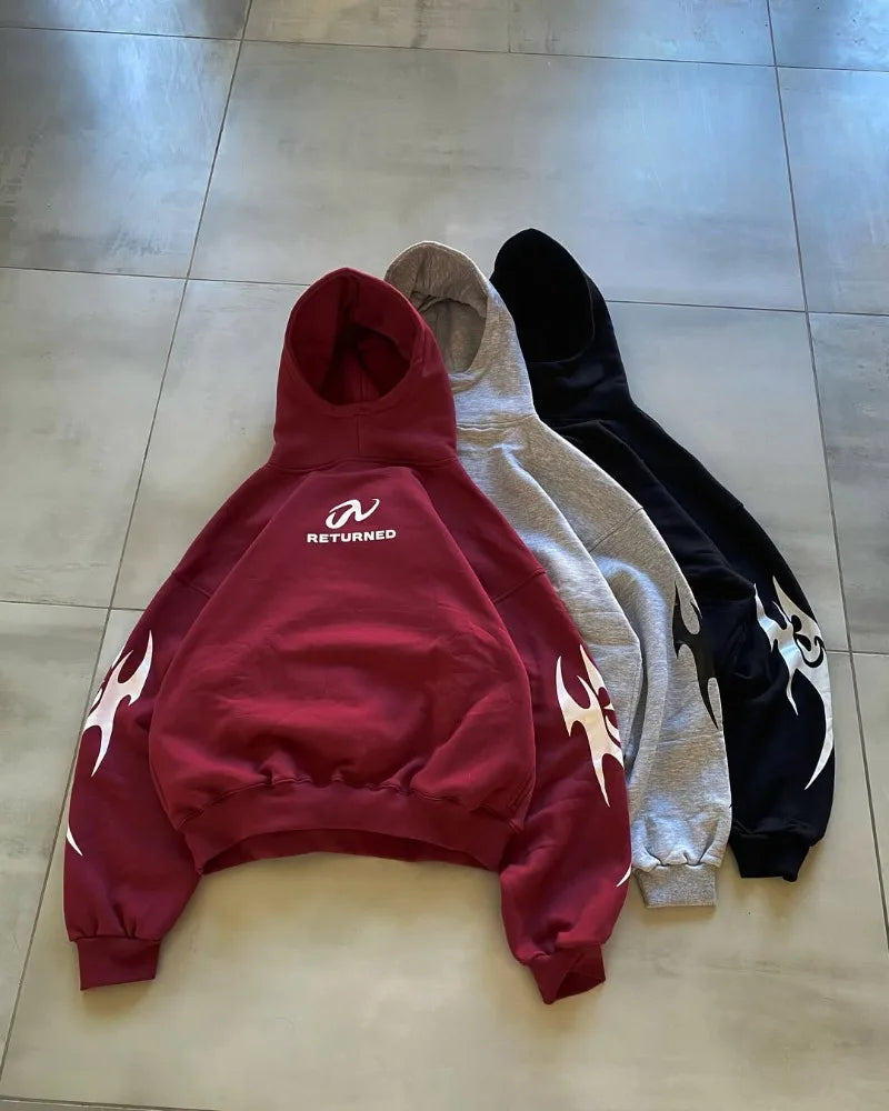 Flame Print Graphic Hoodie – Unisex Relaxed Fit Pullover