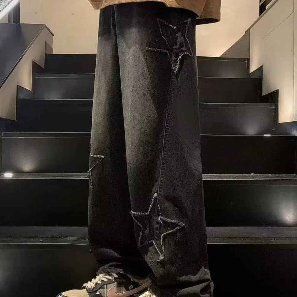 Star Embroidered Jeans – Unisex Baggy Straight-Leg Washed Denim