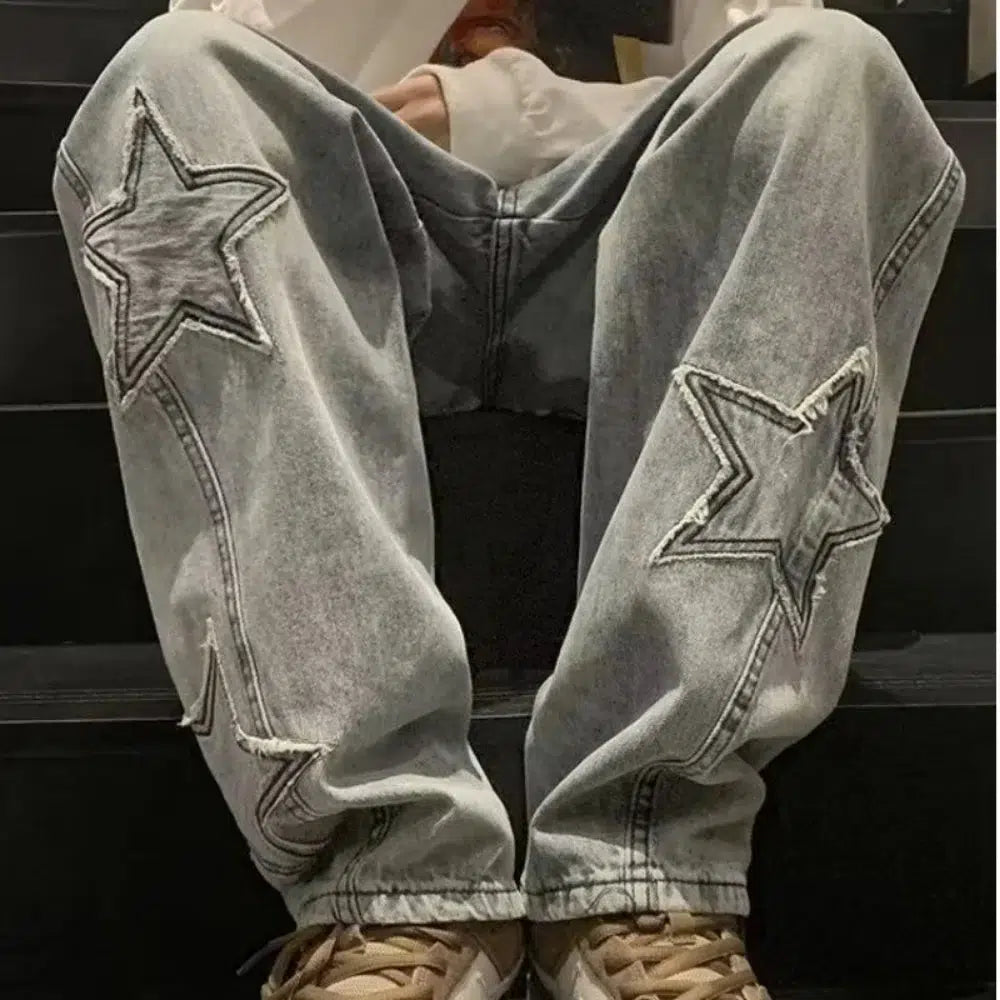 Star Embroidered Jeans – Unisex Baggy Straight-Leg Washed Denim
