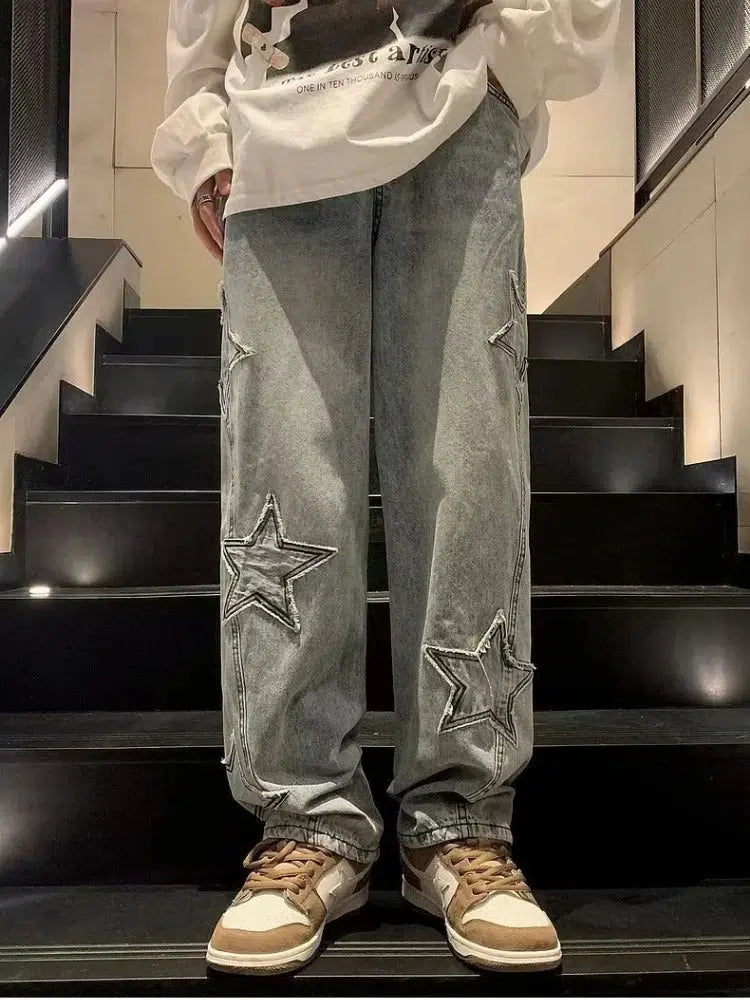 Star Embroidered Jeans – Unisex Baggy Straight-Leg Washed Denim
