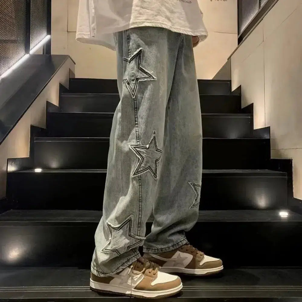 Star Embroidered Jeans – Unisex Baggy Straight-Leg Washed Denim