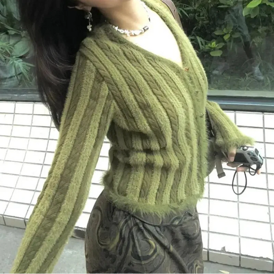 Striped Knit Cardigan – Women's Cropped V-Neck