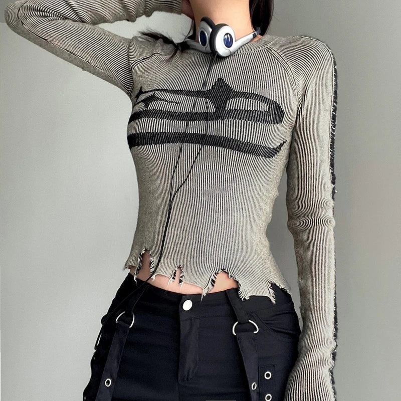 Ripped Stitched Long Sleeve Top – Women's Distressed Fitted