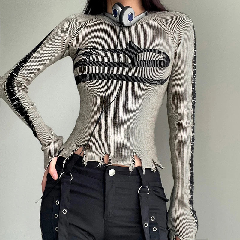 Ripped Stitched Long Sleeve Top – Women's Distressed Fitted
