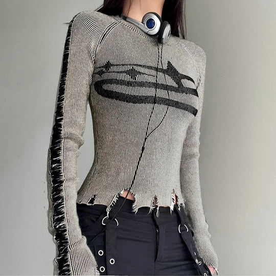 Ripped Stitched Long Sleeve Top – Women's Distressed Fitted