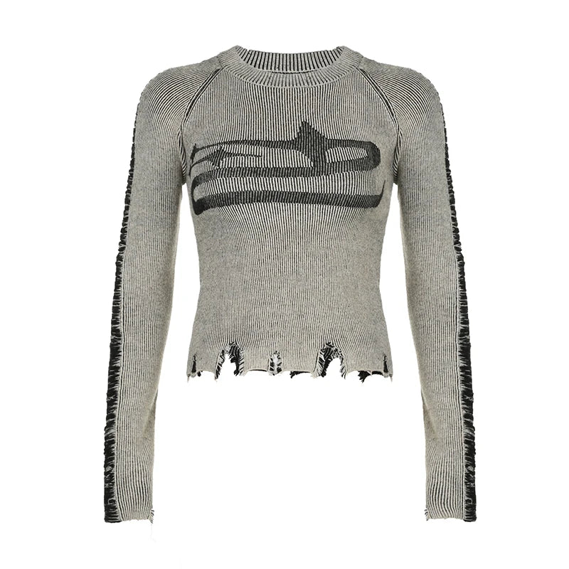 Ripped Stitched Long Sleeve Top – Women's Distressed Fitted