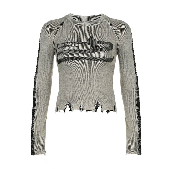 Ripped Stitched Long Sleeve Top – Women's Distressed Fitted