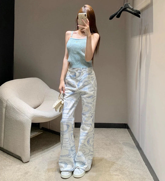 Floral Print Jeans – Women's High-Waist Straight Leg Denim