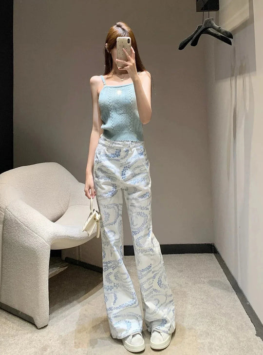 Floral Print Jeans – Women's High-Waist Straight Leg Denim