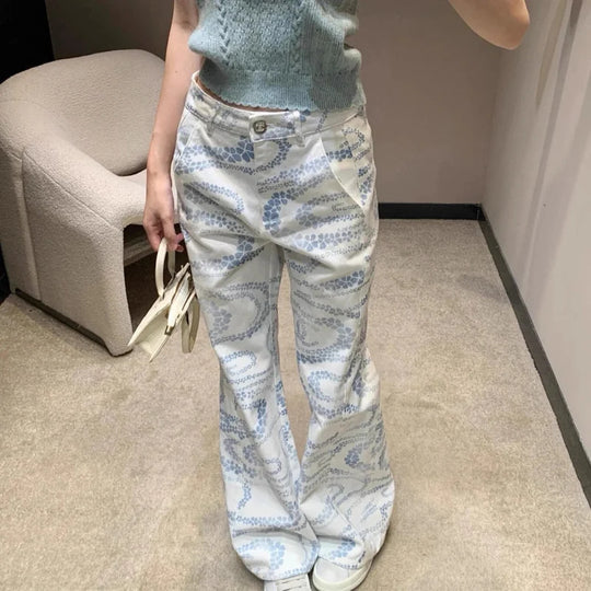 Floral Print Jeans – Women's High-Waist Straight Leg Denim