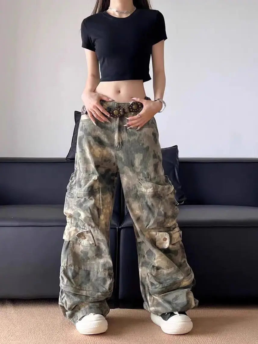 Army Camo Cargo Trousers – Women's Oversized Multi-Pocket Pants
