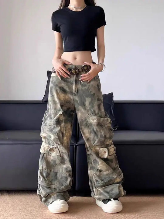 Army Camo Cargo Trousers – Women's Oversized Multi-Pocket Pants
