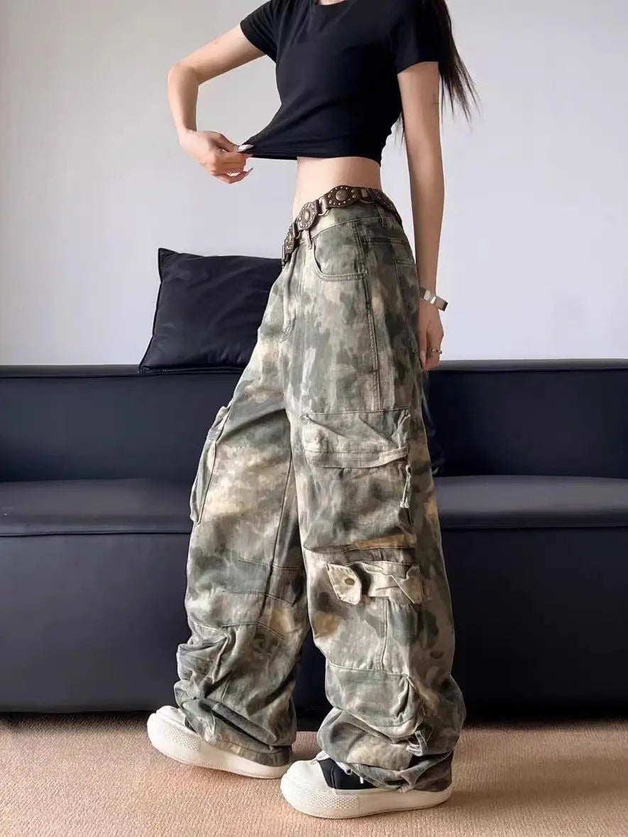 Army Camo Cargo Trousers – Women's Oversized Multi-Pocket Pants