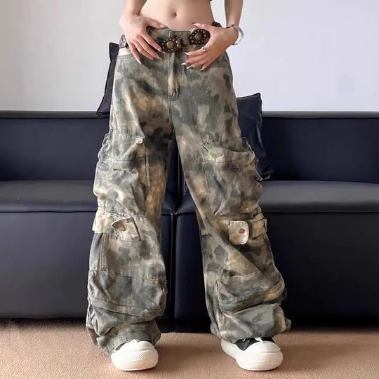 Army Camo Cargo Trousers – Women's Oversized Multi-Pocket Pants