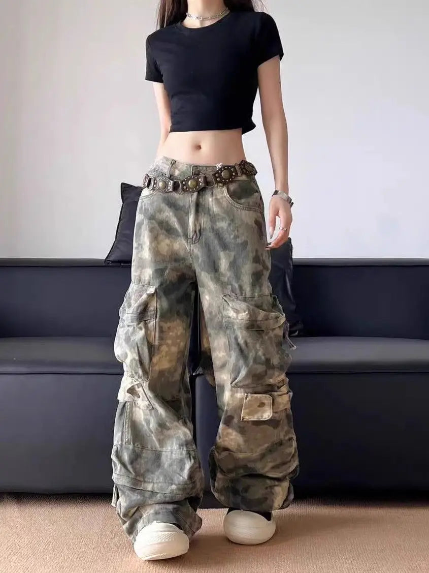 Army Camo Cargo Trousers – Women's Oversized Multi-Pocket Pants