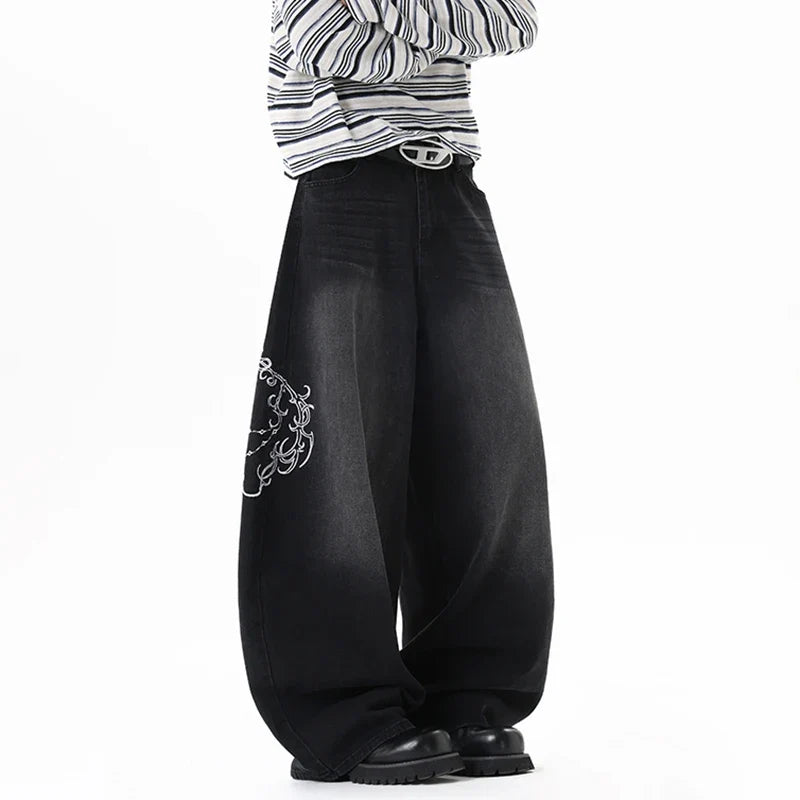 Scroll Embroidered Jeans – Unisex Baggy Wide Leg Denim