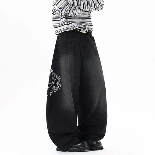 Scroll Embroidered Jeans – Unisex Baggy Wide Leg Denim