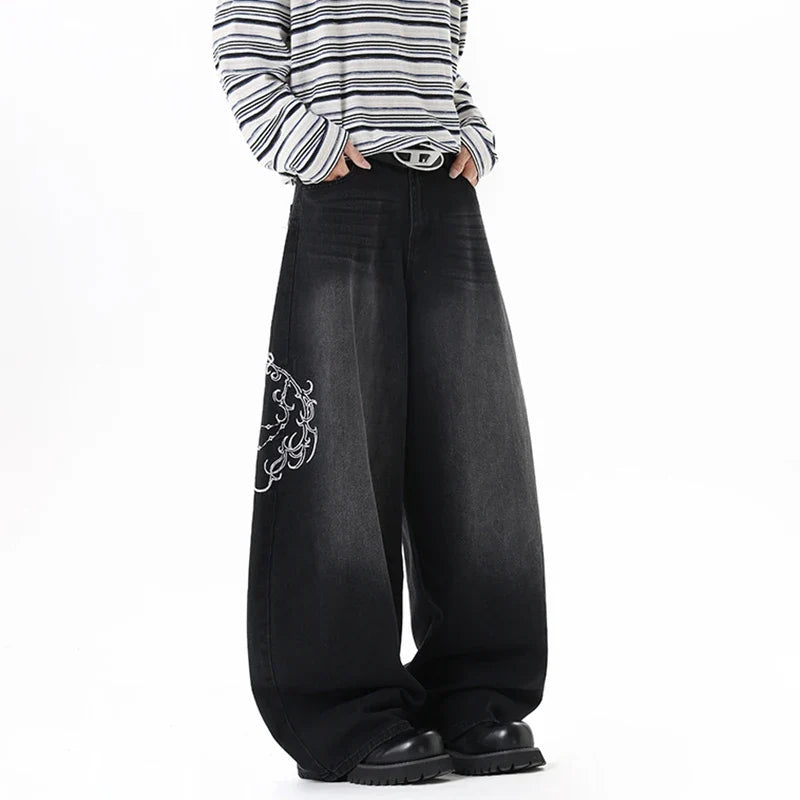 Scroll Embroidered Jeans – Unisex Baggy Wide Leg Denim