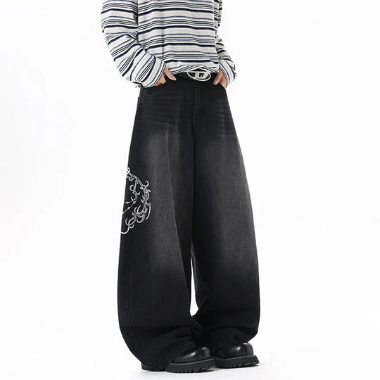 Scroll Embroidered Jeans – Unisex Baggy Wide Leg Denim
